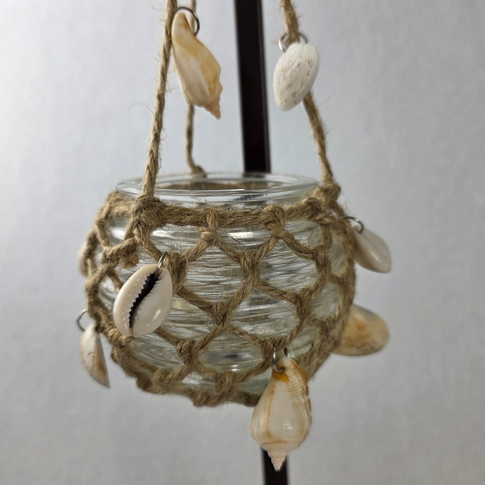 Nantucket Home Set of 3 Hanging Glass Votive Holders Jute Net Seashell Coastal